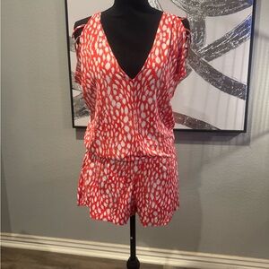 Luli Fama Coral Red and White Patterned Romper